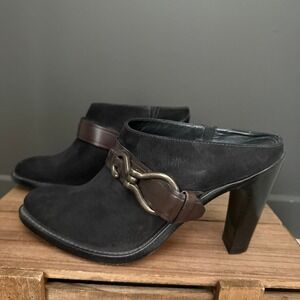 Cole Haan Nike Air Black Suede Mule Heels Brown Leather Strap Buckle Women 7.5 B